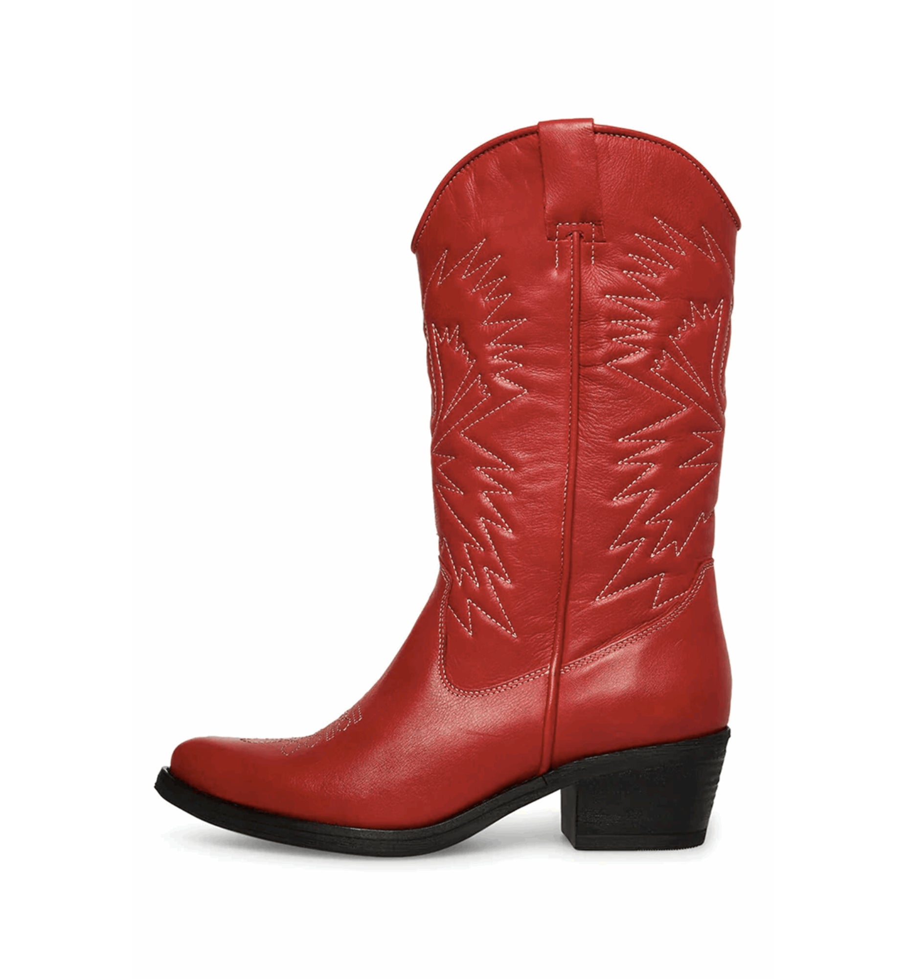 Red western boots with pointed toe and classic cowboy stitching by Parinmi