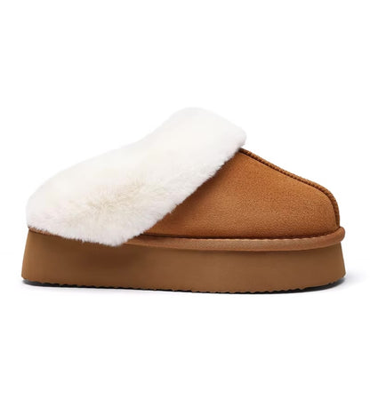 Brown slipper with white fur lining on a white background