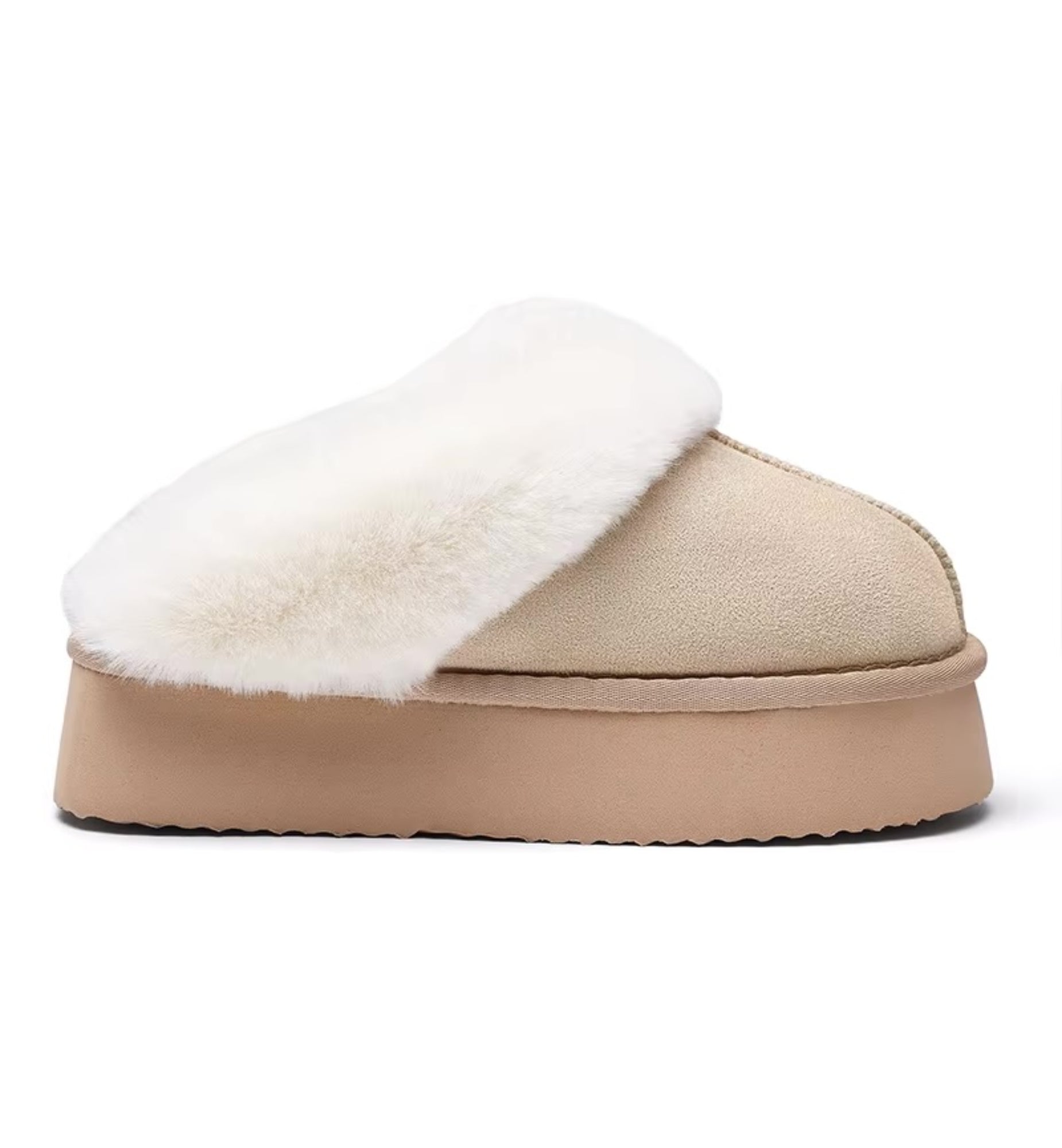Beige slipper with white fur lining on a white background