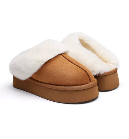 Brown slipper with white fur lining on a white background