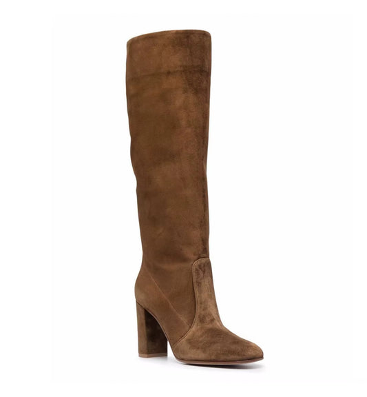 Brown suede knee-high boot on a white background