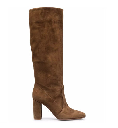 Brown suede knee-high boot on a white background