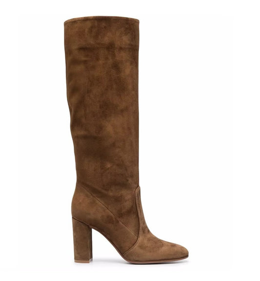Brown suede knee-high boot on a white background