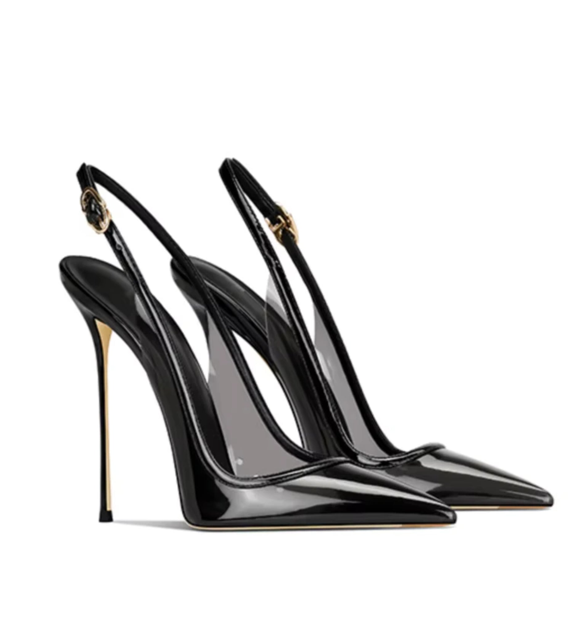 Black high-heeled shoes with slingback design on a white background