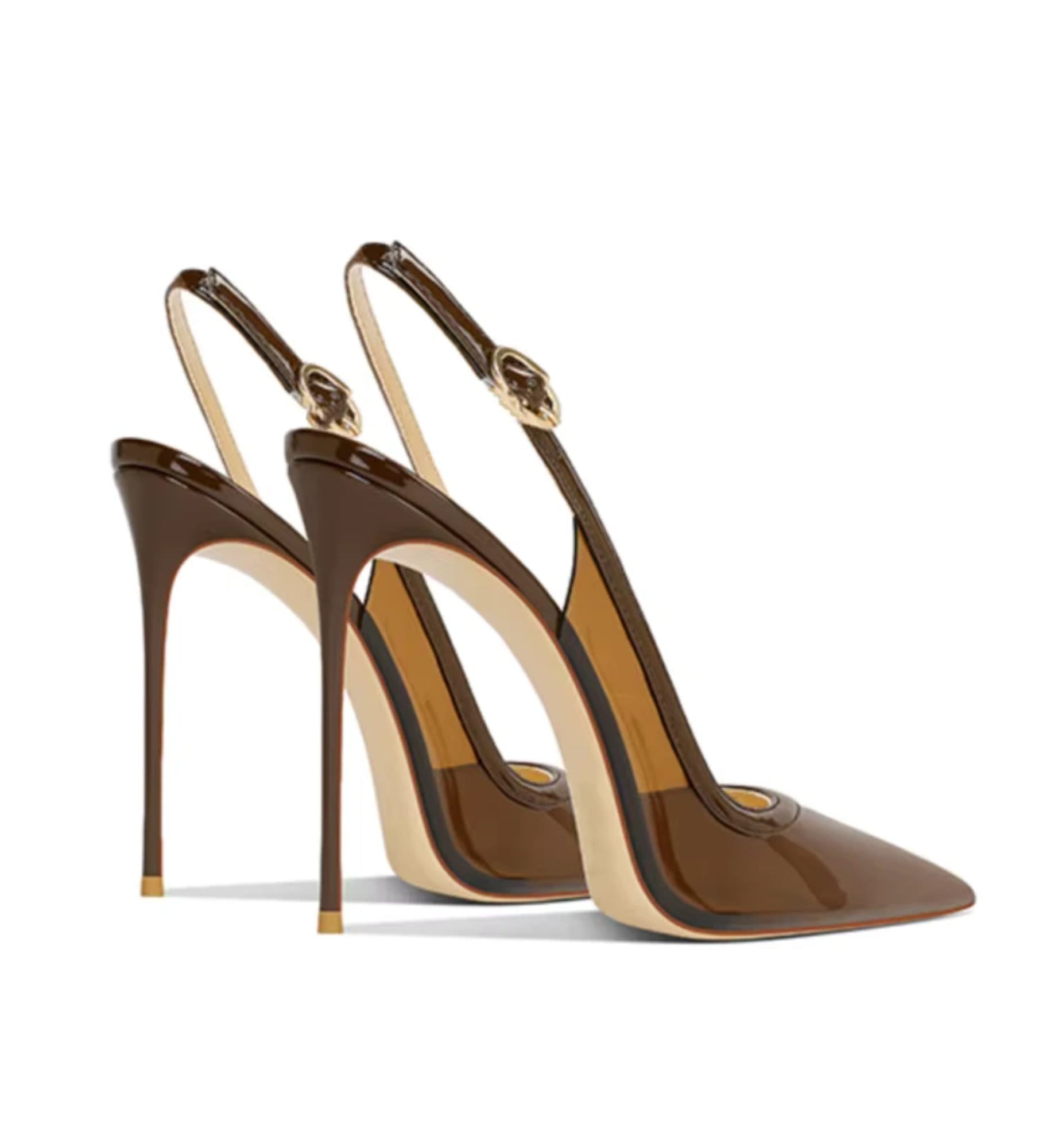 Brown high-heeled shoes with a gold buckle on a white background