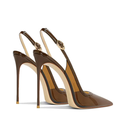 Brown high-heeled shoes with a gold buckle on a white background