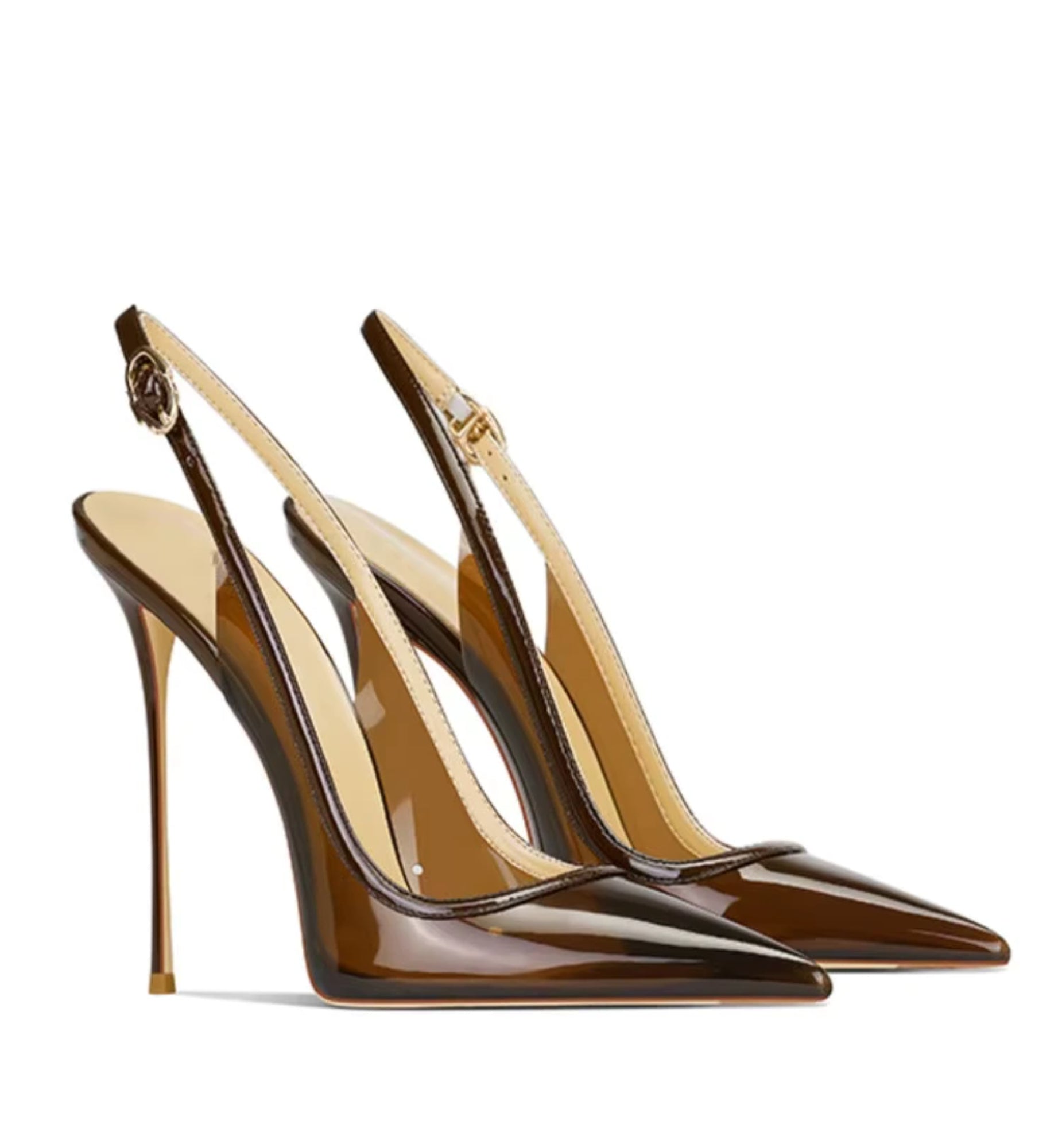 Pair of brown high-heeled shoes with slingback design on a white background