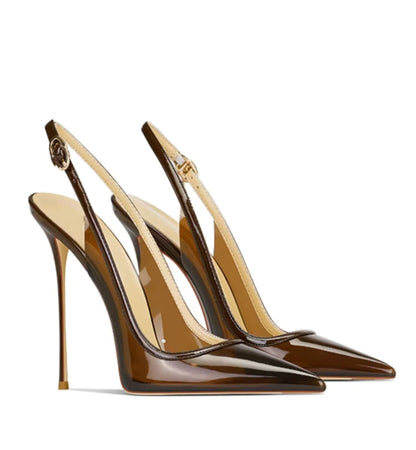 Pair of brown high-heeled shoes with slingback design on a white background