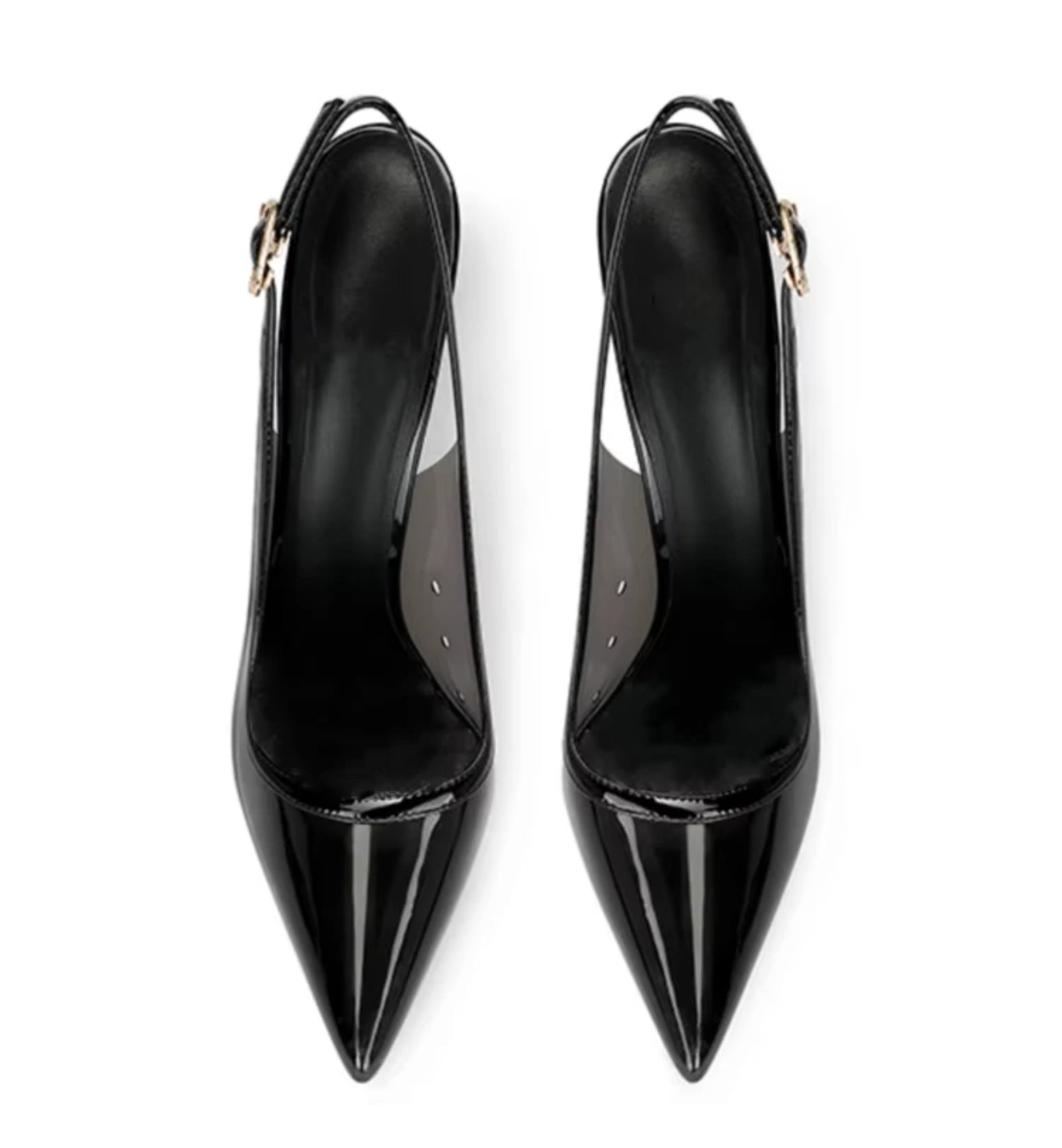 Pair of black high-heeled shoes on a white background