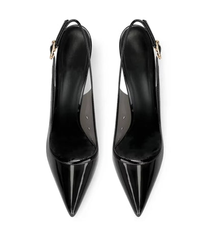 Pair of black high-heeled shoes on a white background