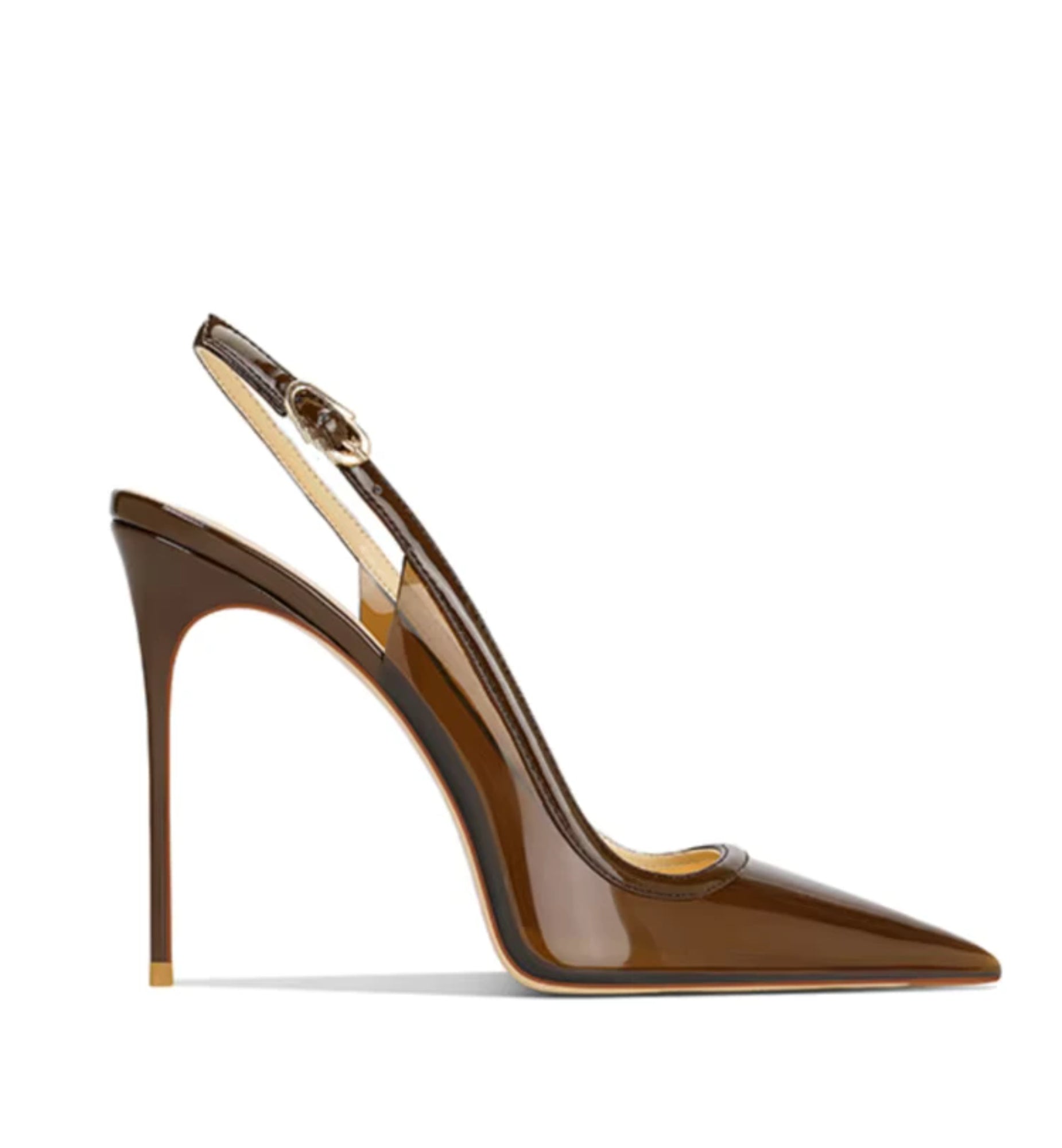 Brown high-heeled shoe on a white background