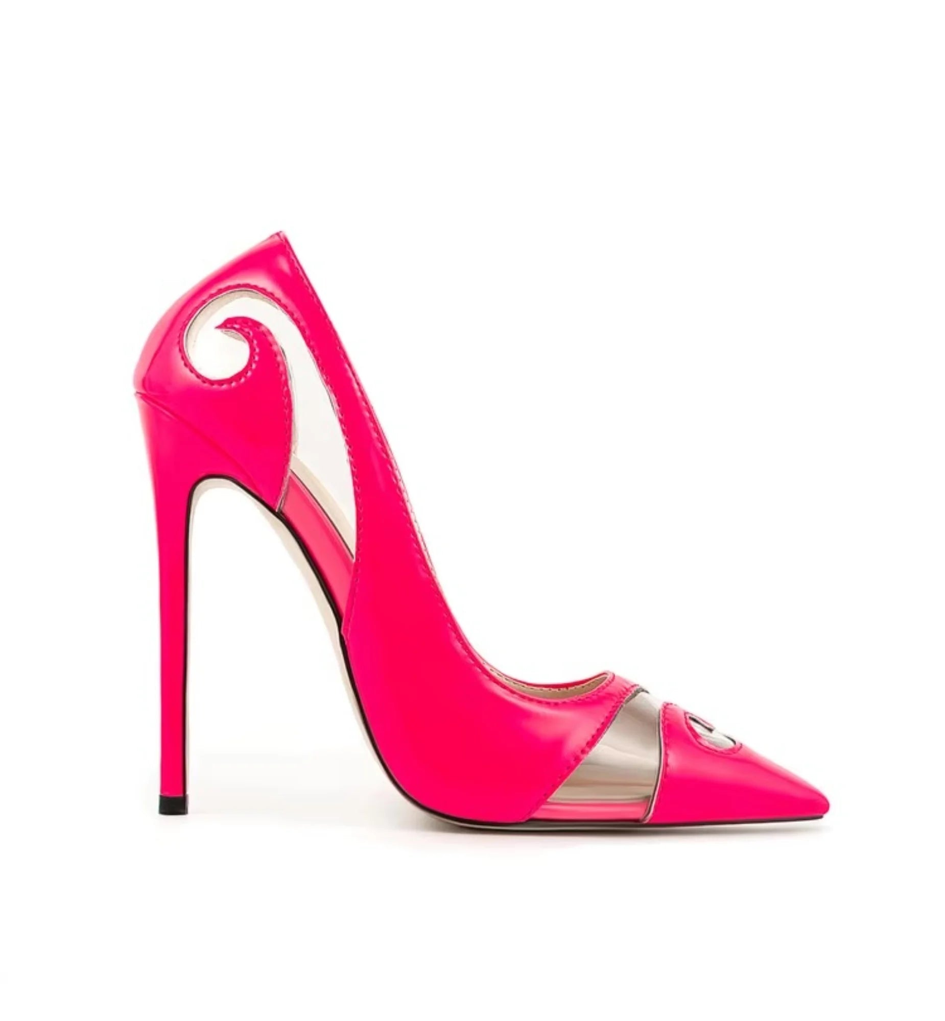 Neon pink high-heeled shoe with a metallic accent on a white background