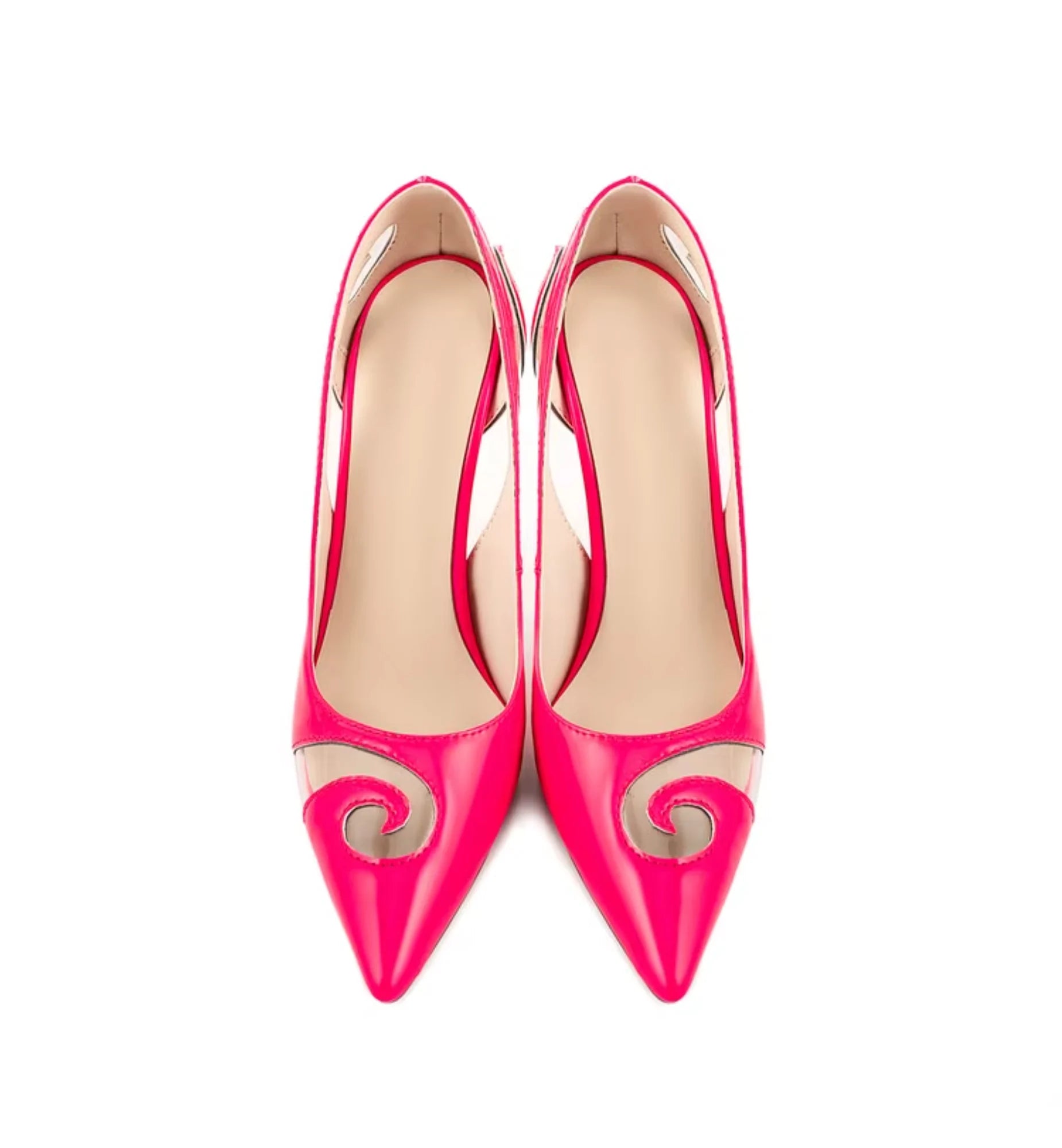 Pair of bright pink high-heeled shoes with decorative elements on a white background