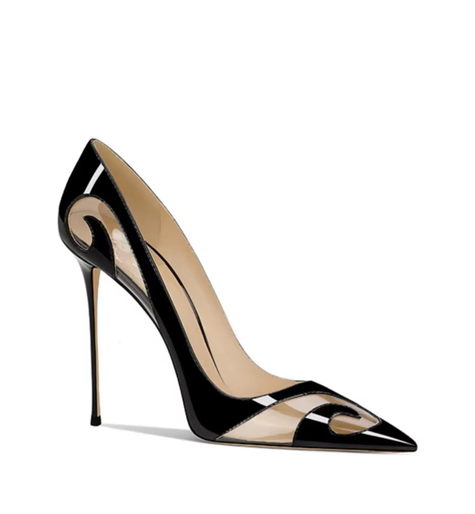 Black high-heeled shoe with a clear strap on a white background