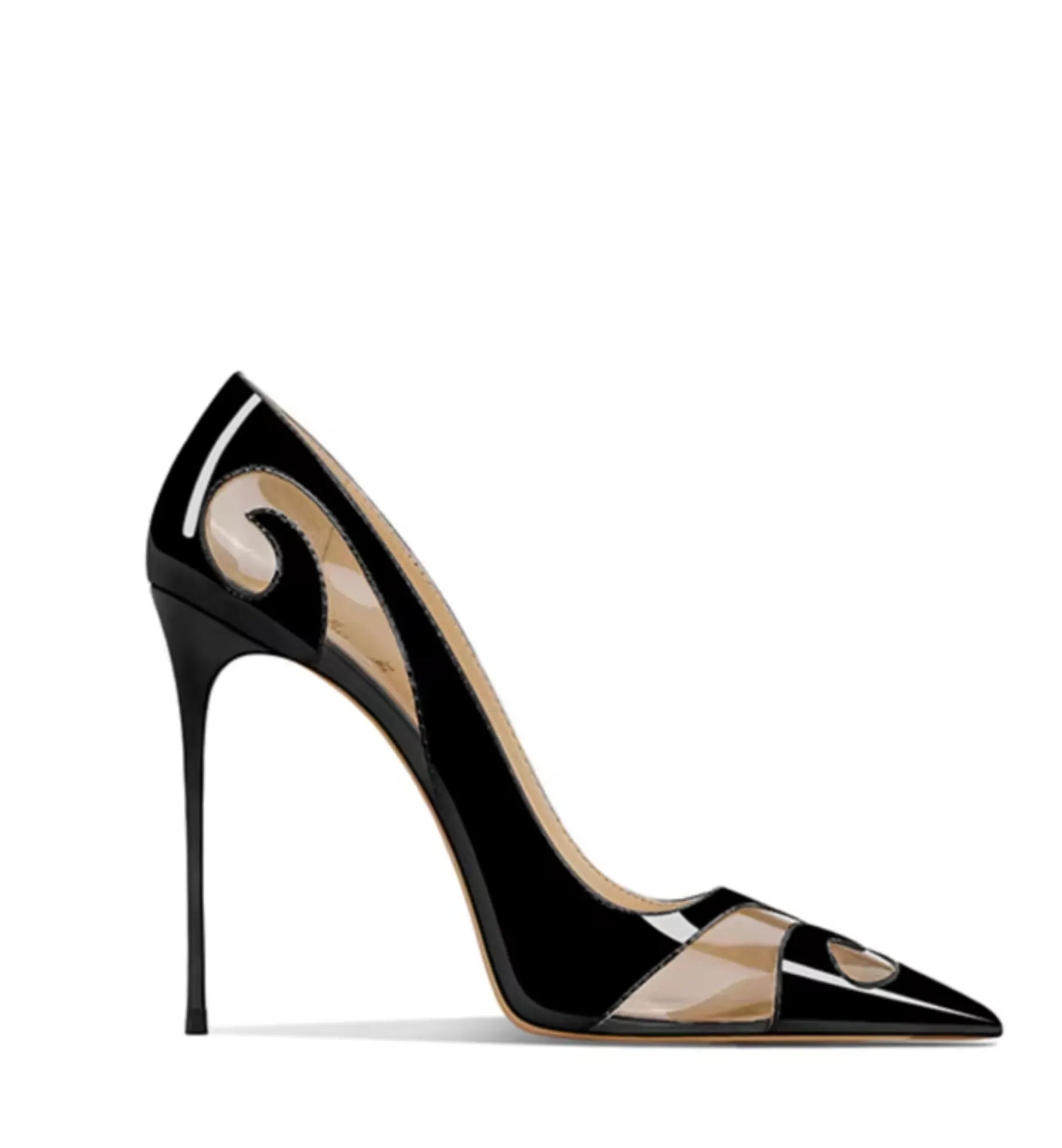 Black high-heeled shoe with a clear heart design on a white background