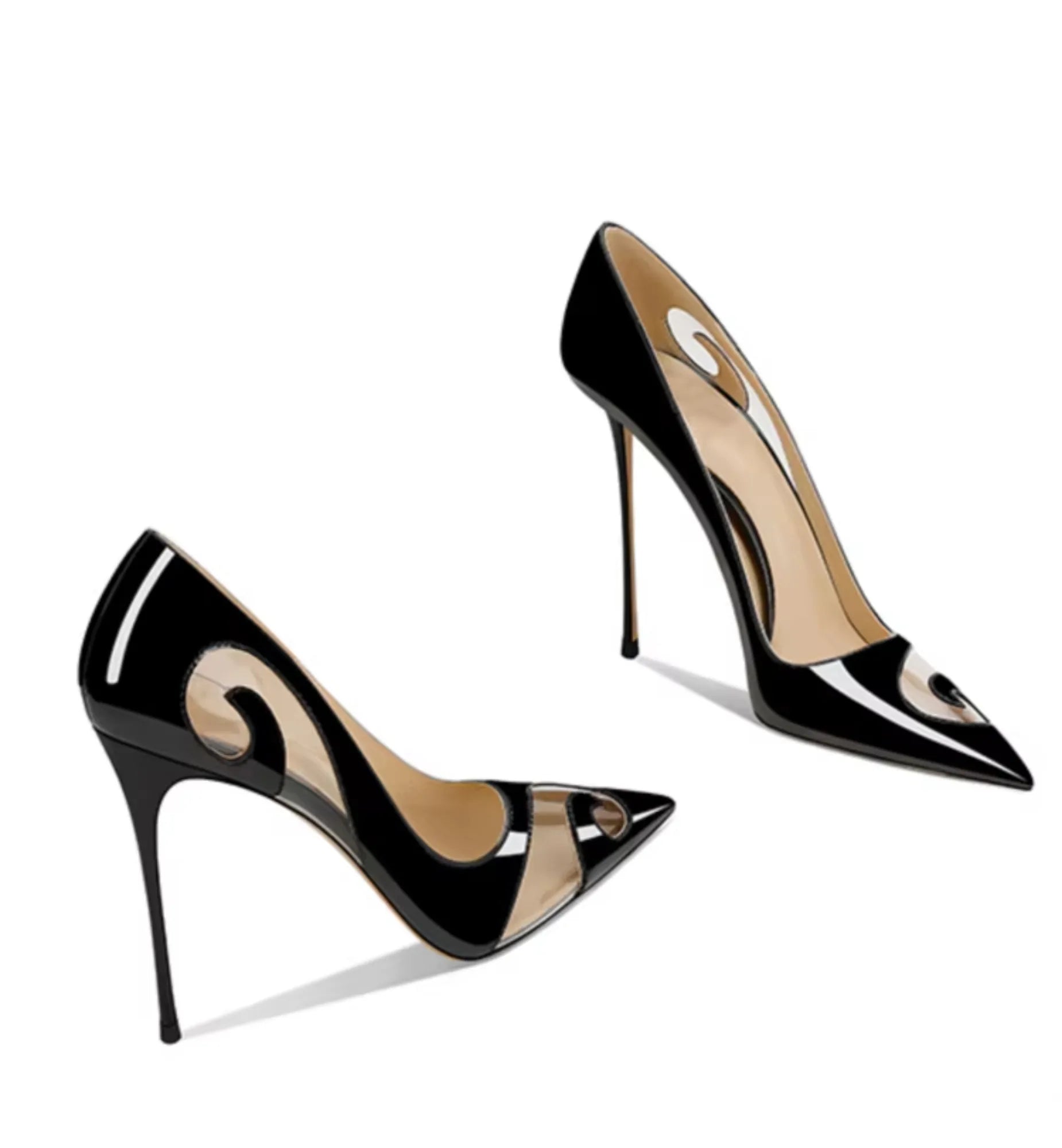 Black high-heeled shoes with a gold logo on a white background
