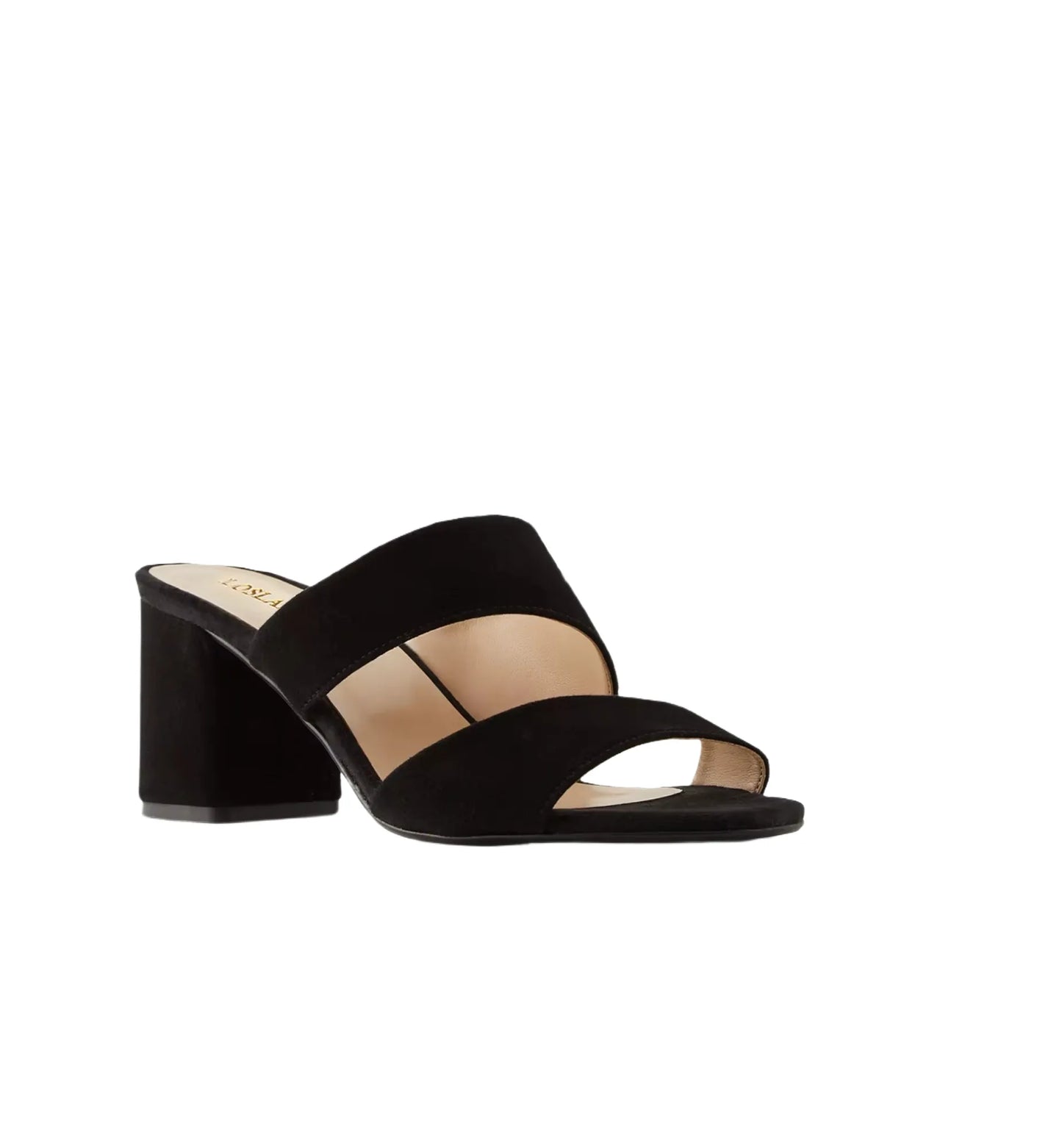 Black sandal with a block heel on a white background