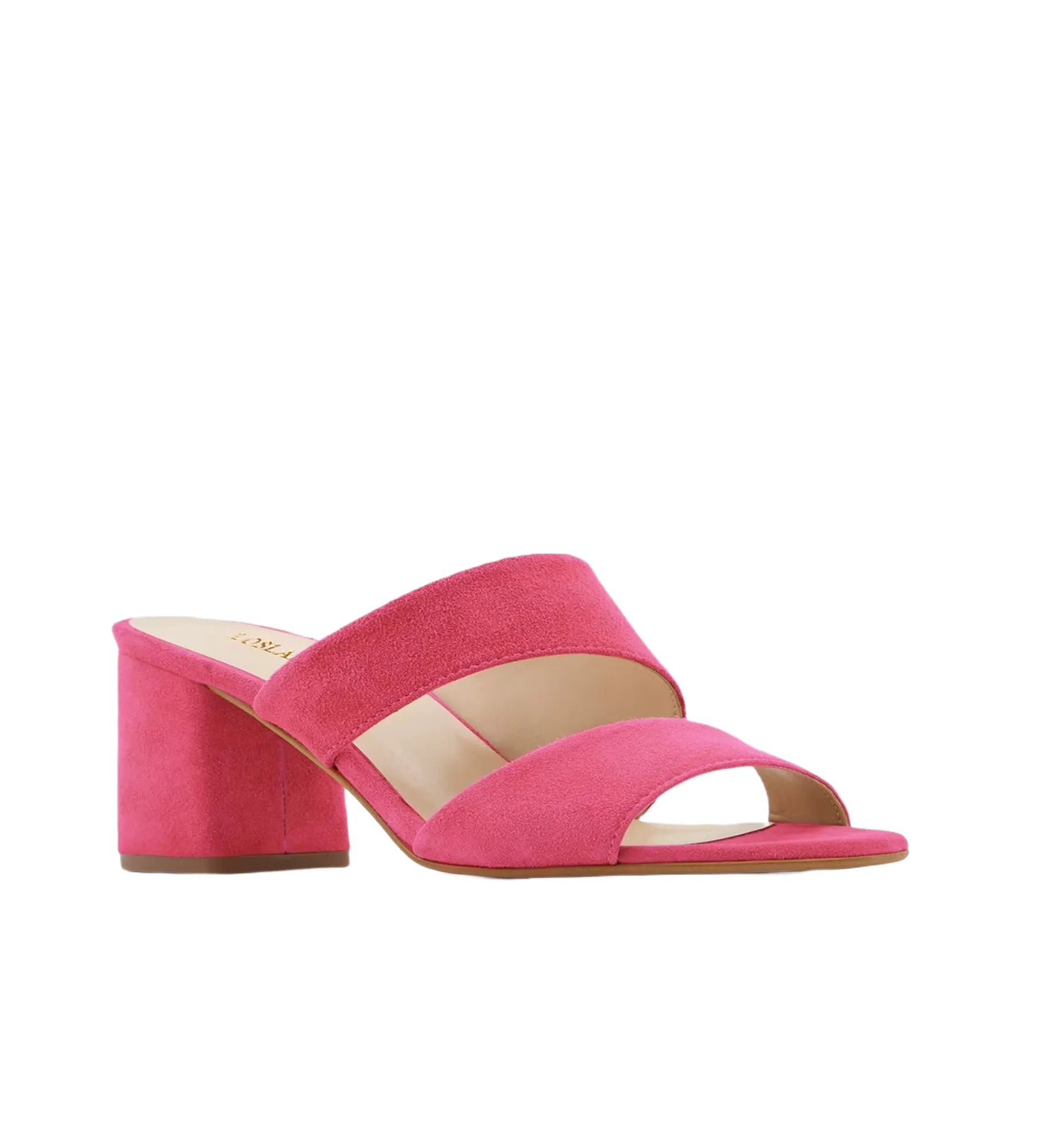 Pink sandal with a block heel on a white background