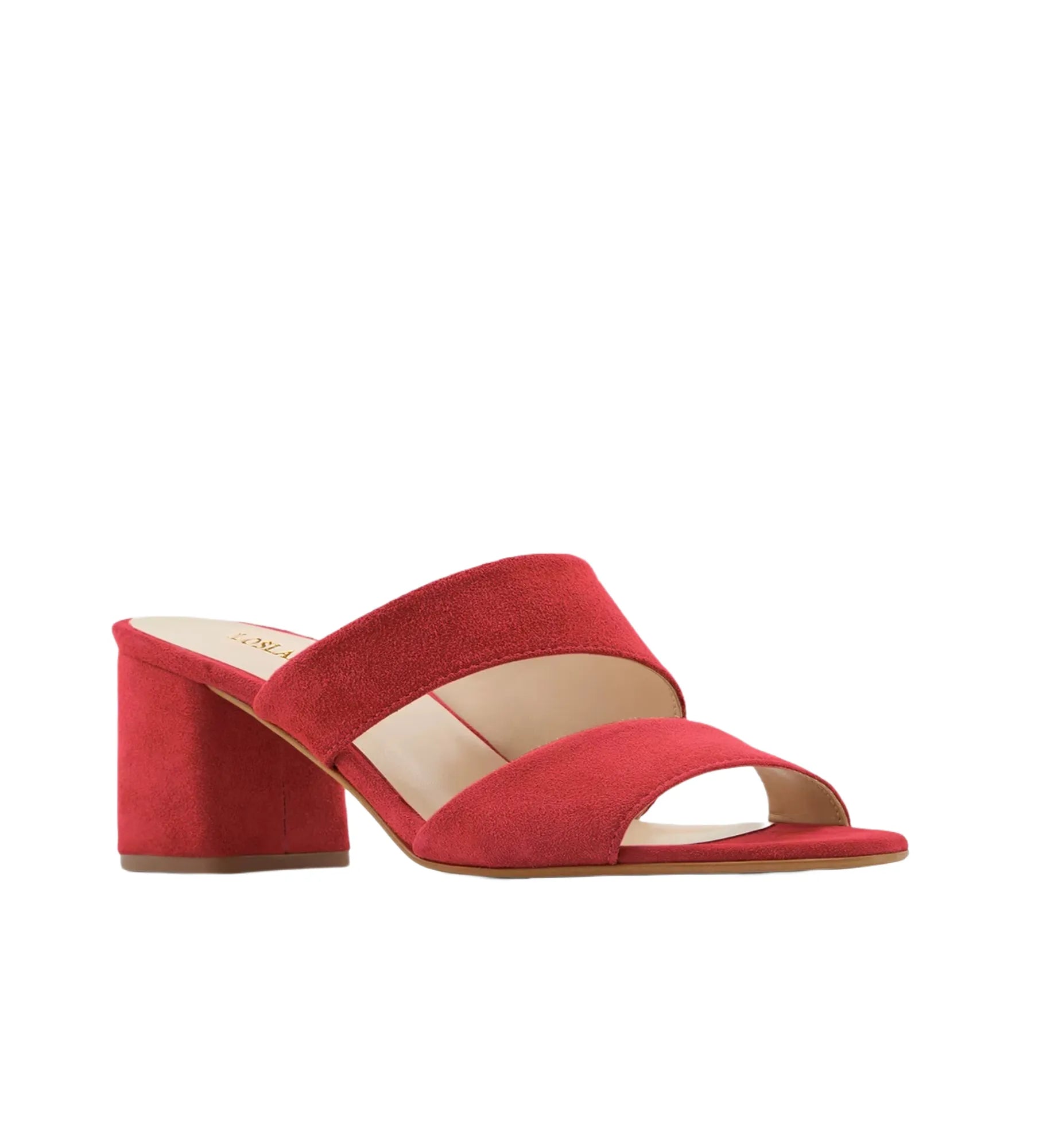 Red sandal with a block heel on a white background