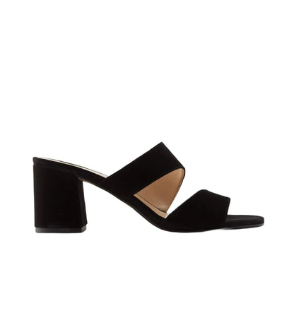 Black open-toe heeled sandals on a white background