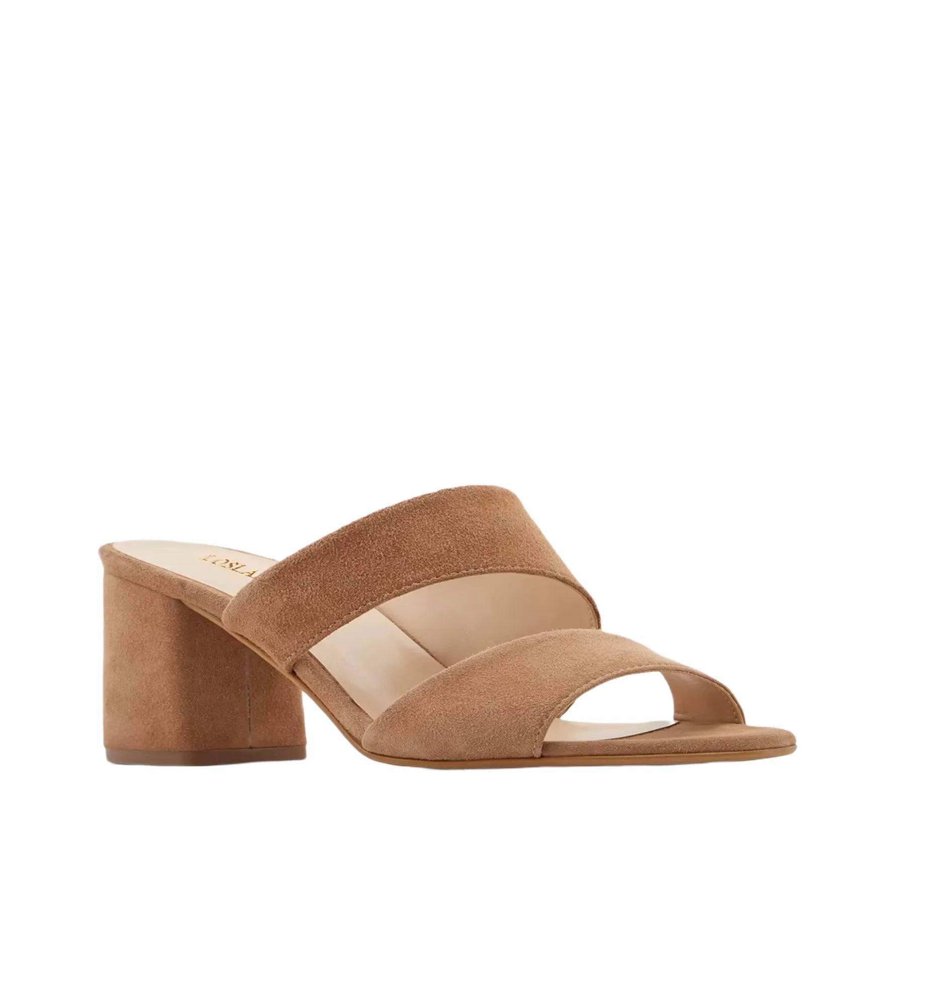 Brown suede sandal with a block heel on a white background