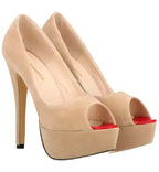 Beige high-heeled shoes with red sole on a white background
