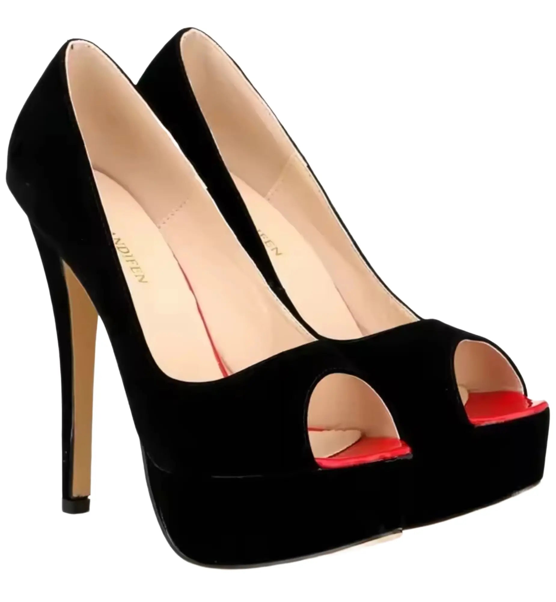 Black high-heeled shoes with red sole on a white background