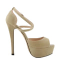 Beige high-heeled sandal with platform sole on a white background