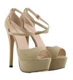 Beige high-heeled platform sandals on a white background