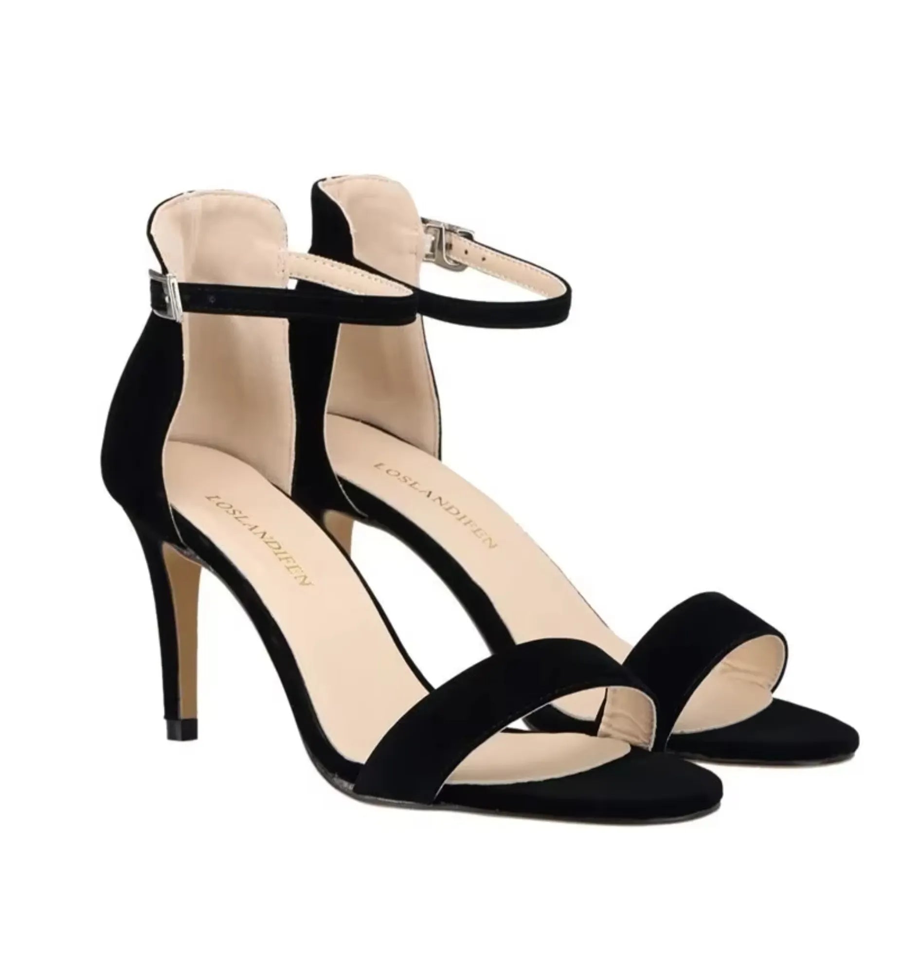 Black high-heeled sandals with thin straps 