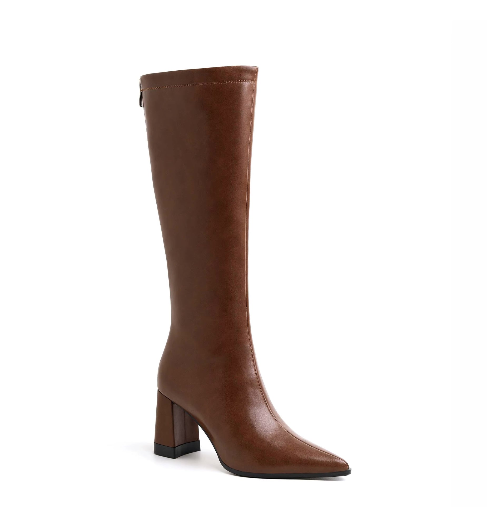 Brown knee-high boot on a white background