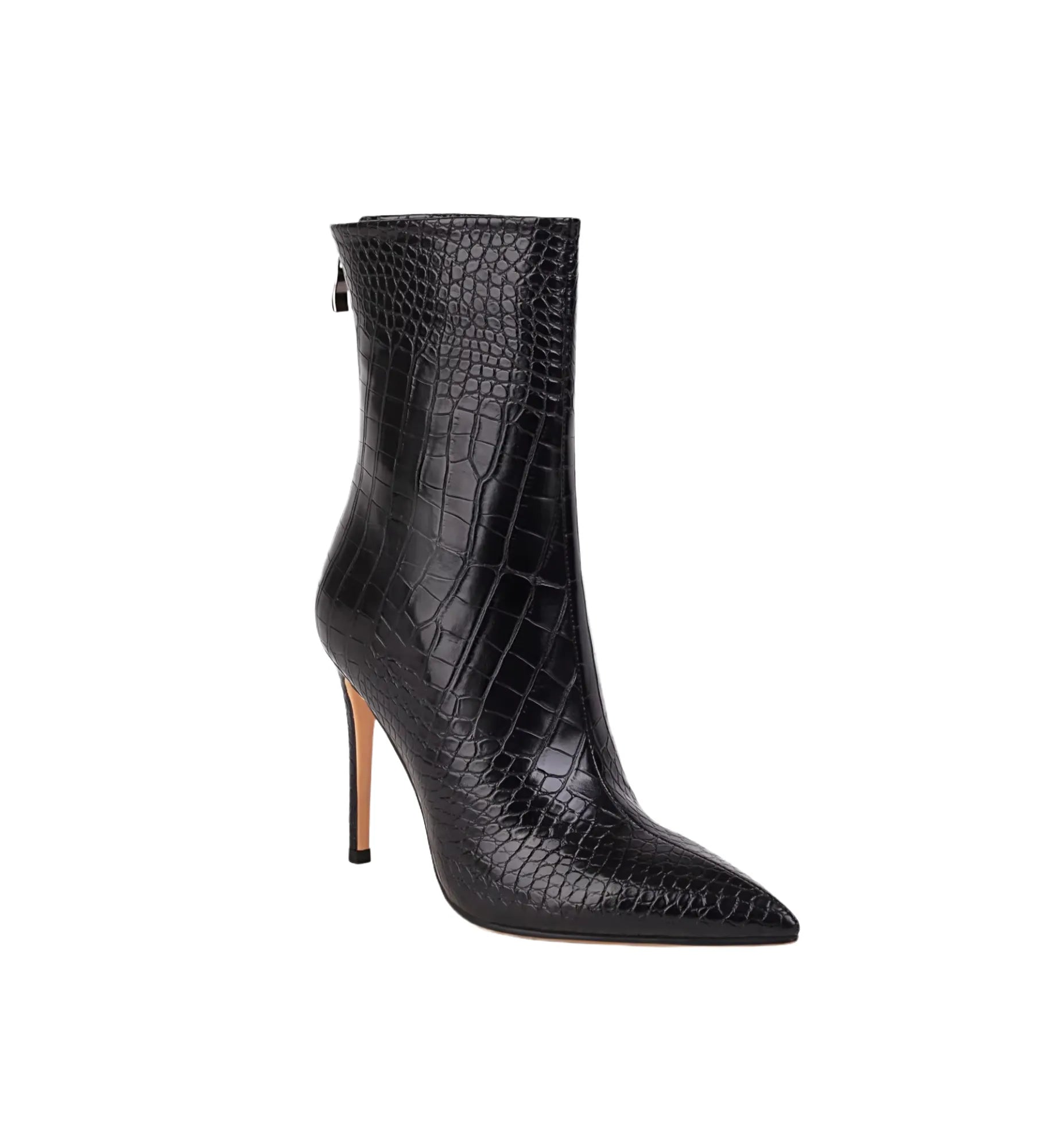 Black crocodile-patterned high-heeled ankle boots