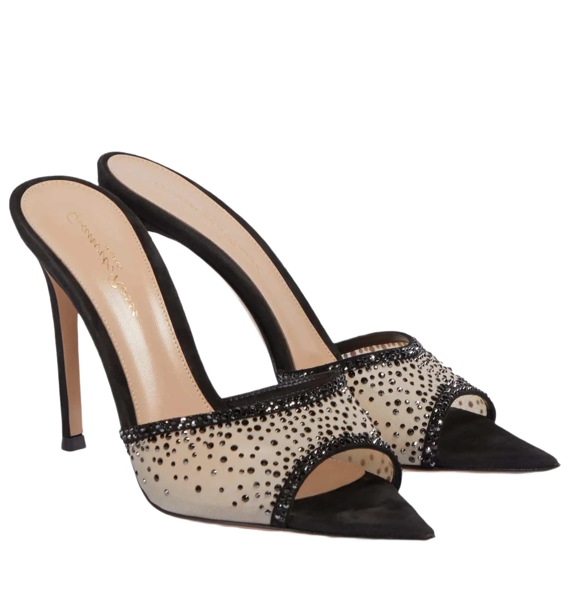 Black high-heeled shoes with open-toe design