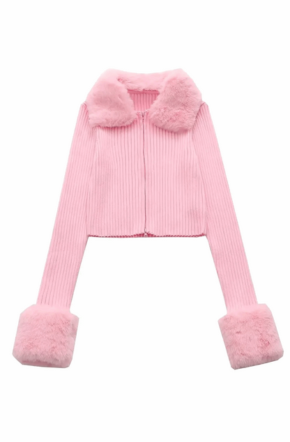 Ribbed knit cardigan with detachable fur