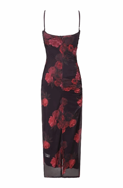Vintage floral print mesh long dress