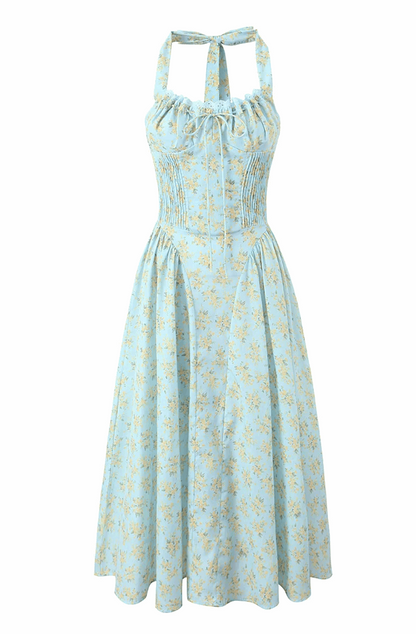 Flower print bow tie halter maxi dress