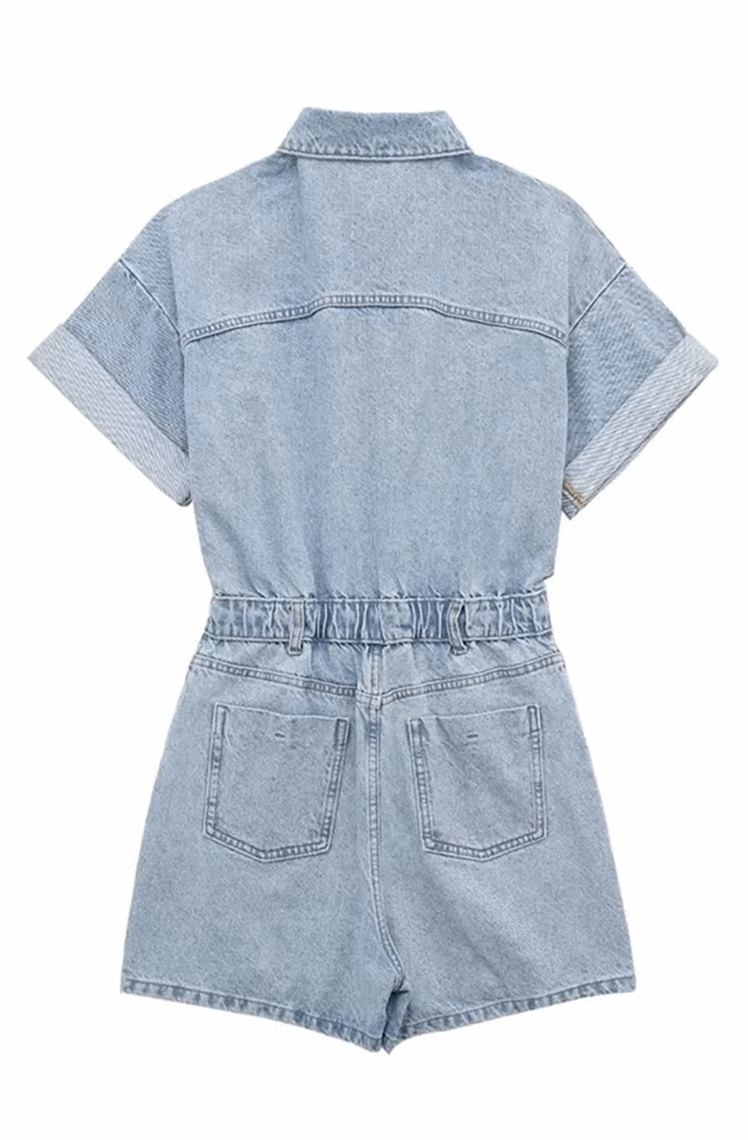 Short-sleeved button-down denim romper