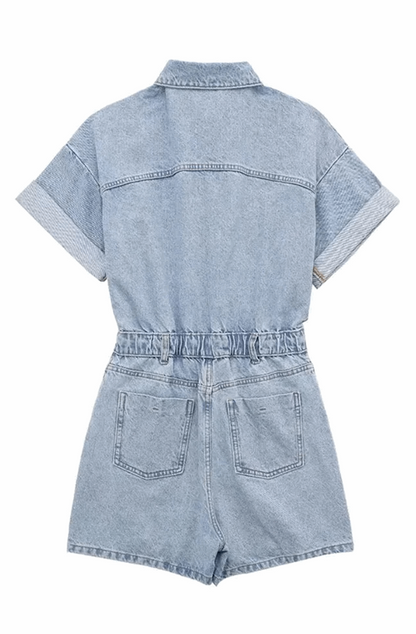 Short-sleeved button-down denim romper