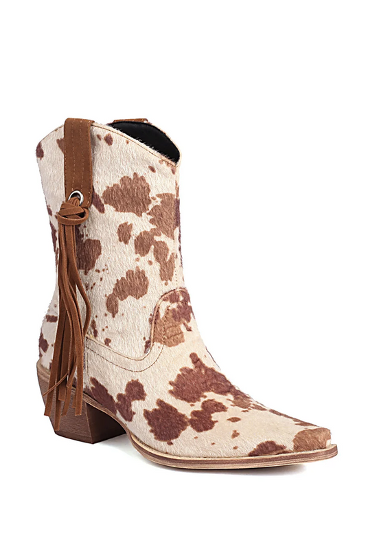 Cow print western ankle boots