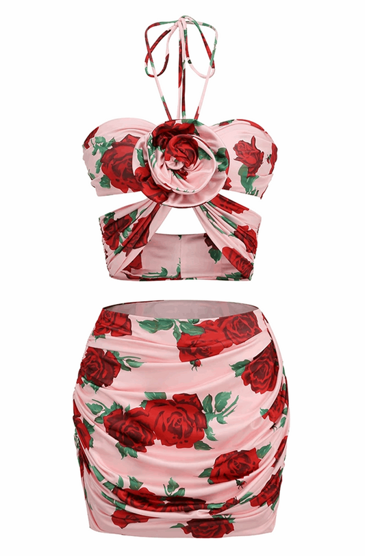 Roses printed crop top and skirt set