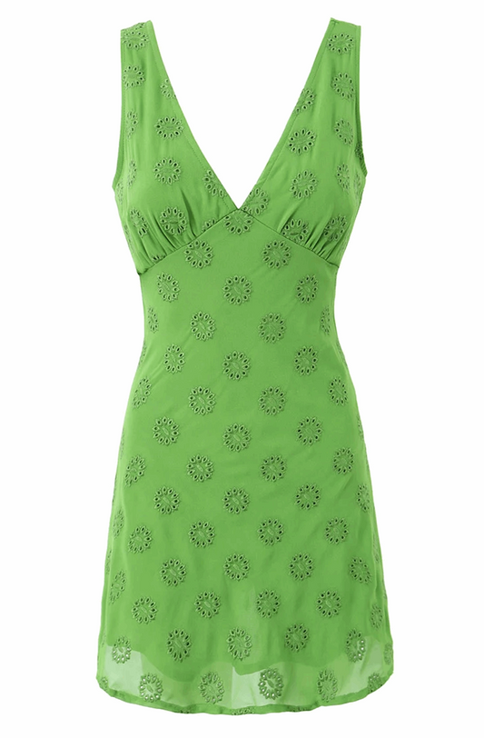 Green floral embroidery mini dress