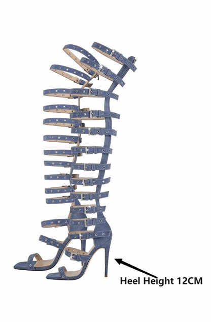 Women's denim gladiator stiletto heels