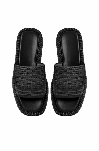 Open toe straw platform flats