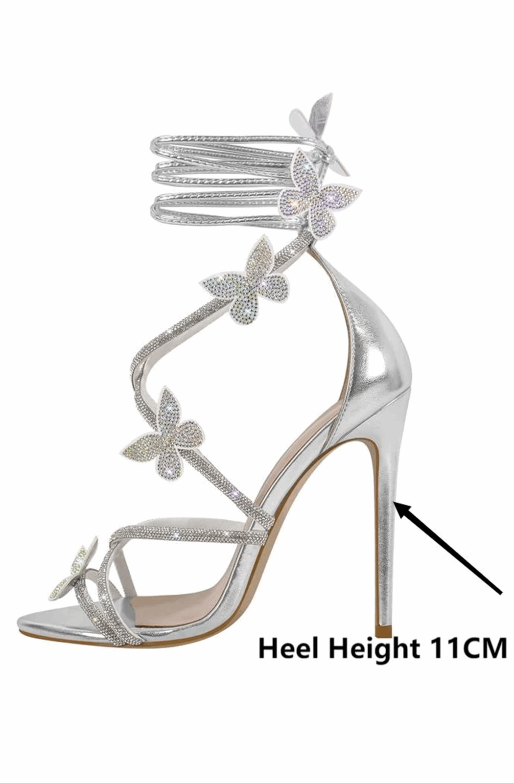 Pointed open toe rhinestone butterfly stiletto sandals