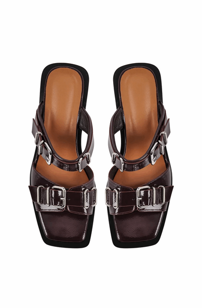 Square toe buckle chunky heeled sandals