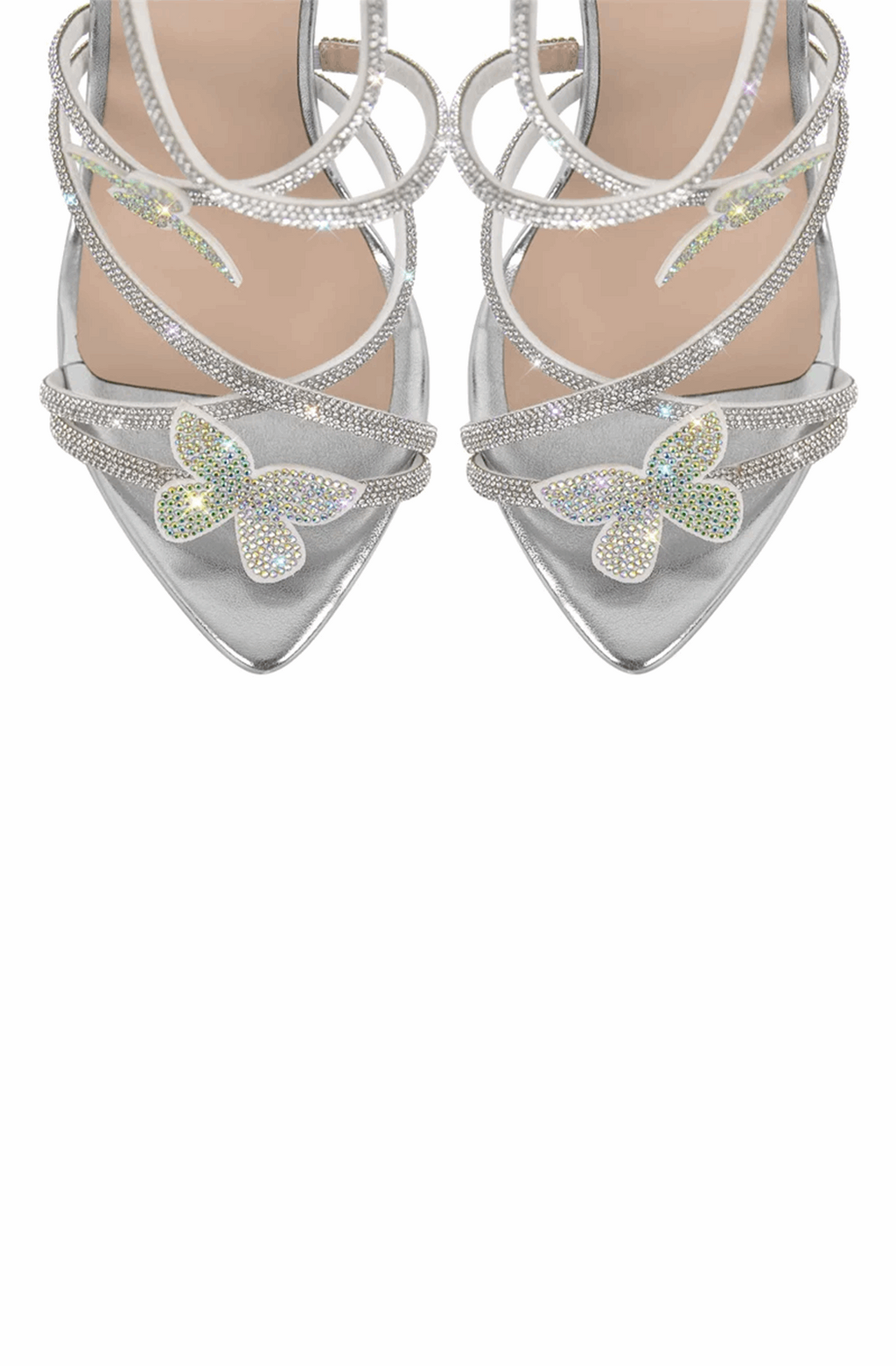 Pointed open toe rhinestone butterfly stiletto sandals