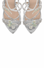 Pointed open toe rhinestone butterfly stiletto sandals