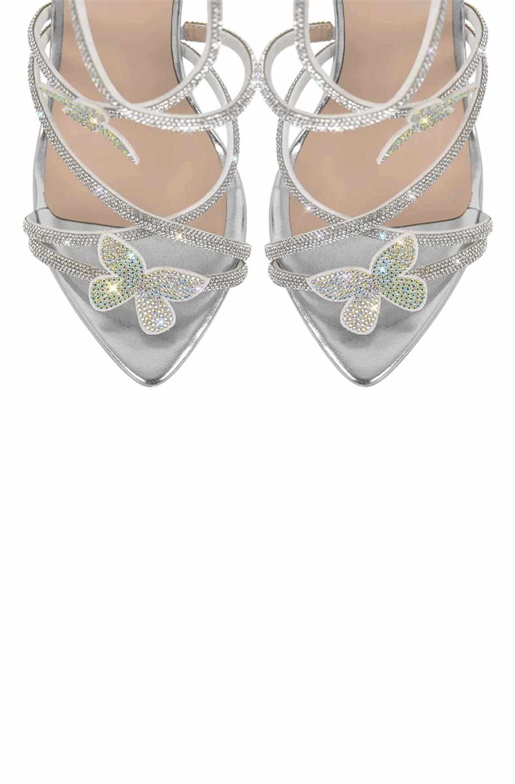 Pointed open toe rhinestone butterfly stiletto sandals