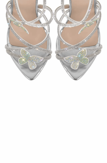 Pointed open toe rhinestone butterfly stiletto sandals