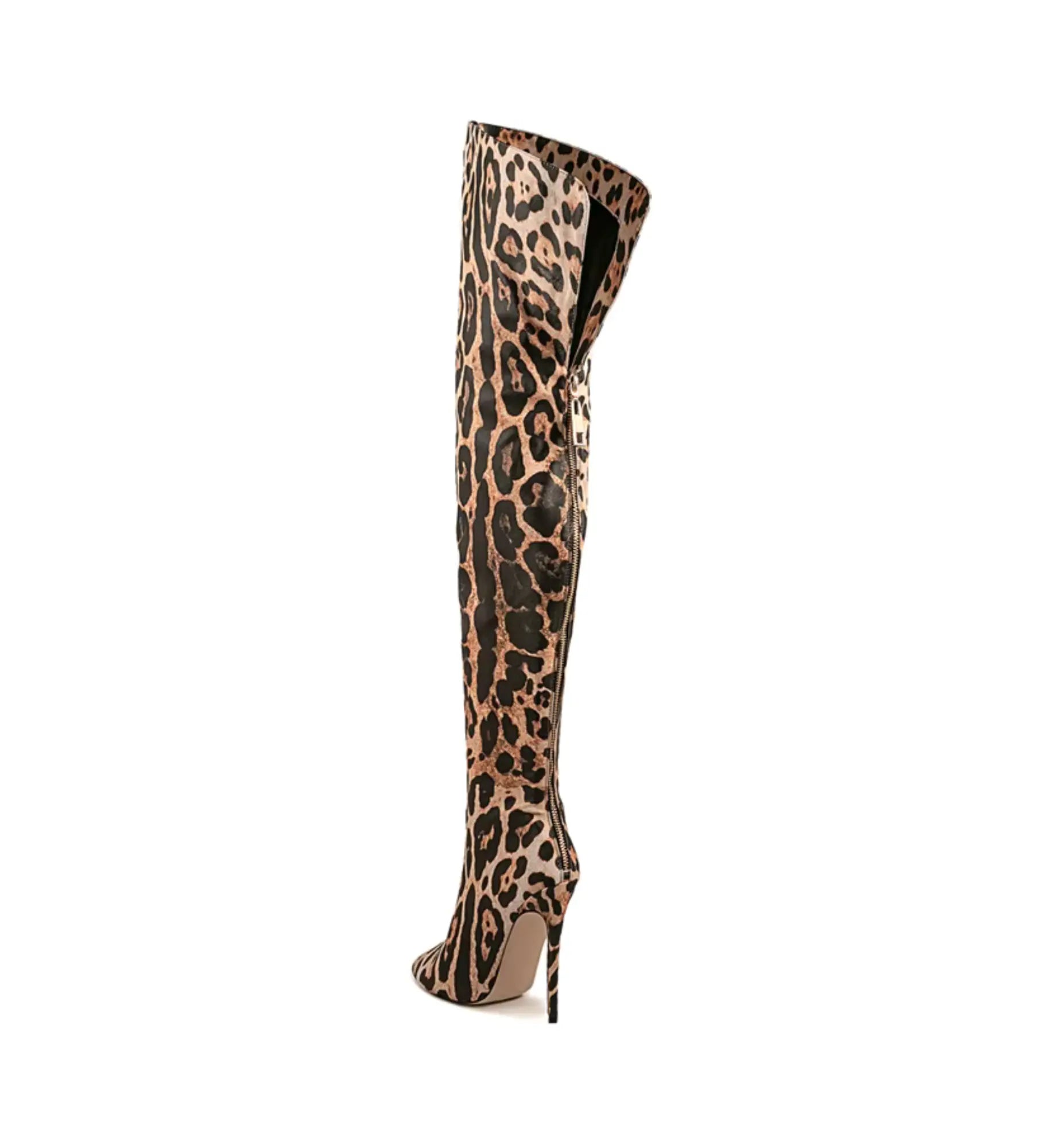 Leopard print knee-high boot on a white background